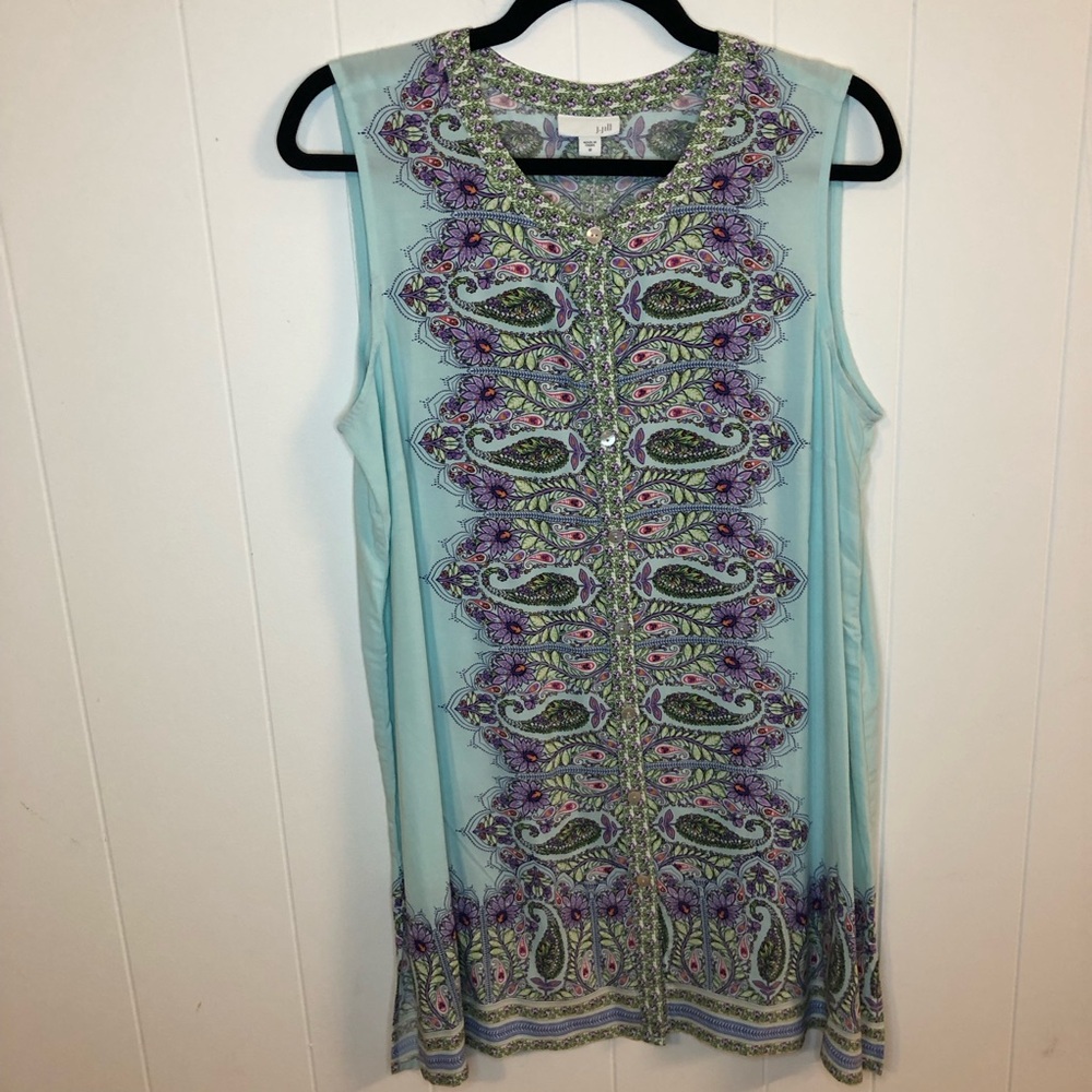 J. Jill Aqua Sleeveless Tunic with Purple & Green Embroidery